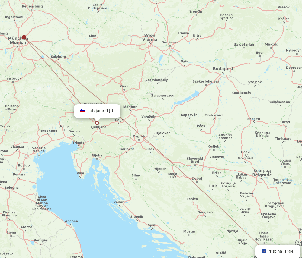 PRN to LJU flights and routes map