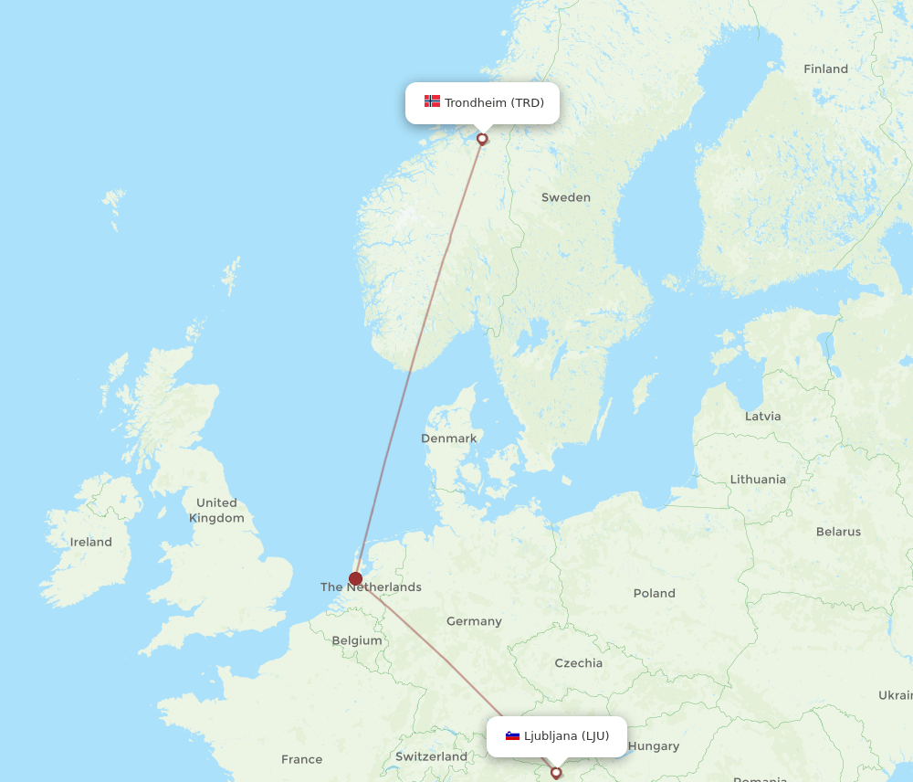 Trondheim - Ljubljana route map and flight paths
