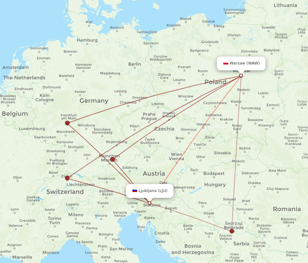 LJU to WAW flights and routes map