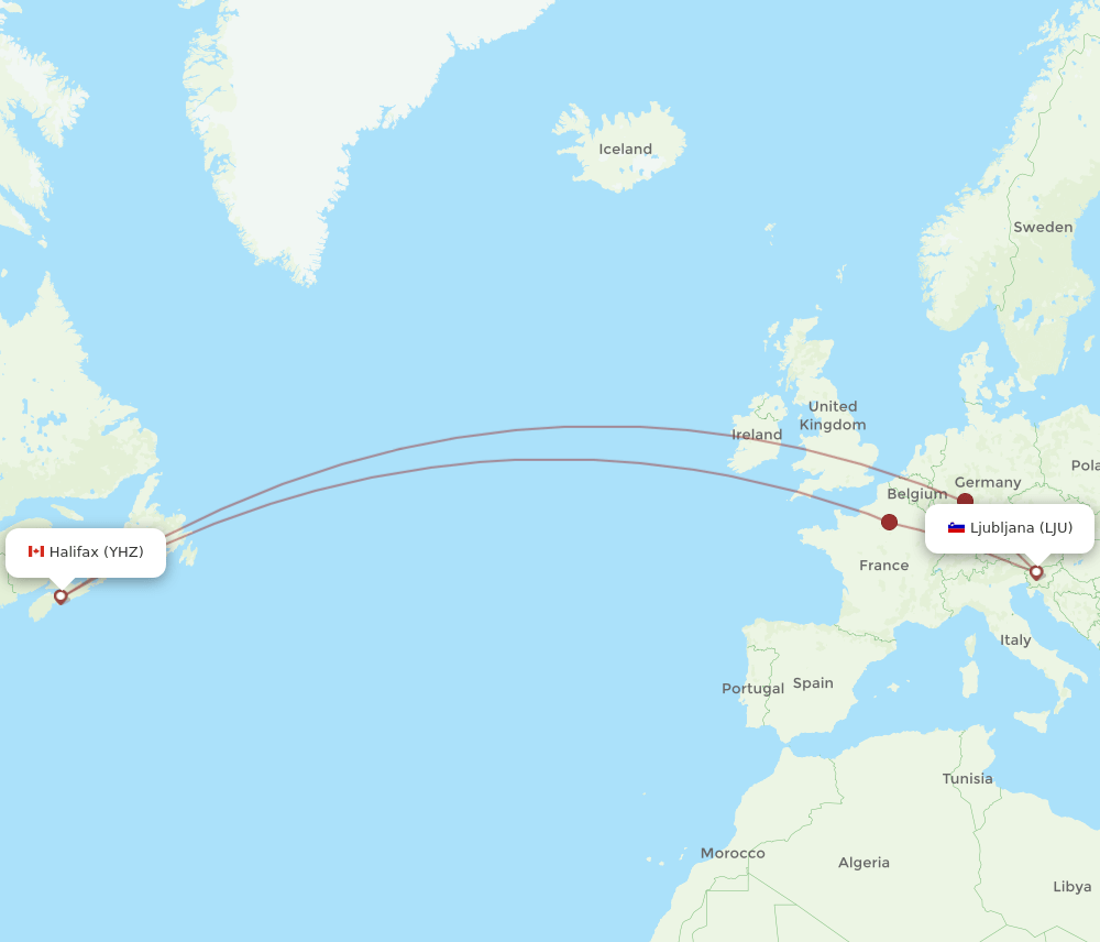 Halifax - Ljubljana route map and flight paths