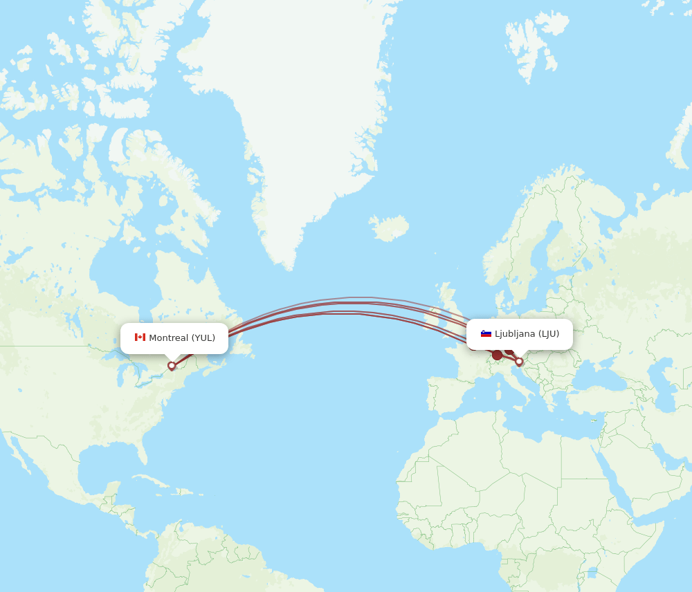 LJU to YUL flights and routes map