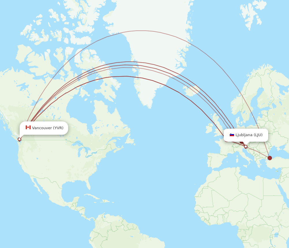 Vancouver - Ljubljana route map and flight paths