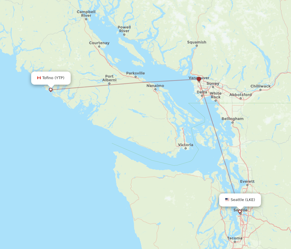 LKE to YTP flights and routes map