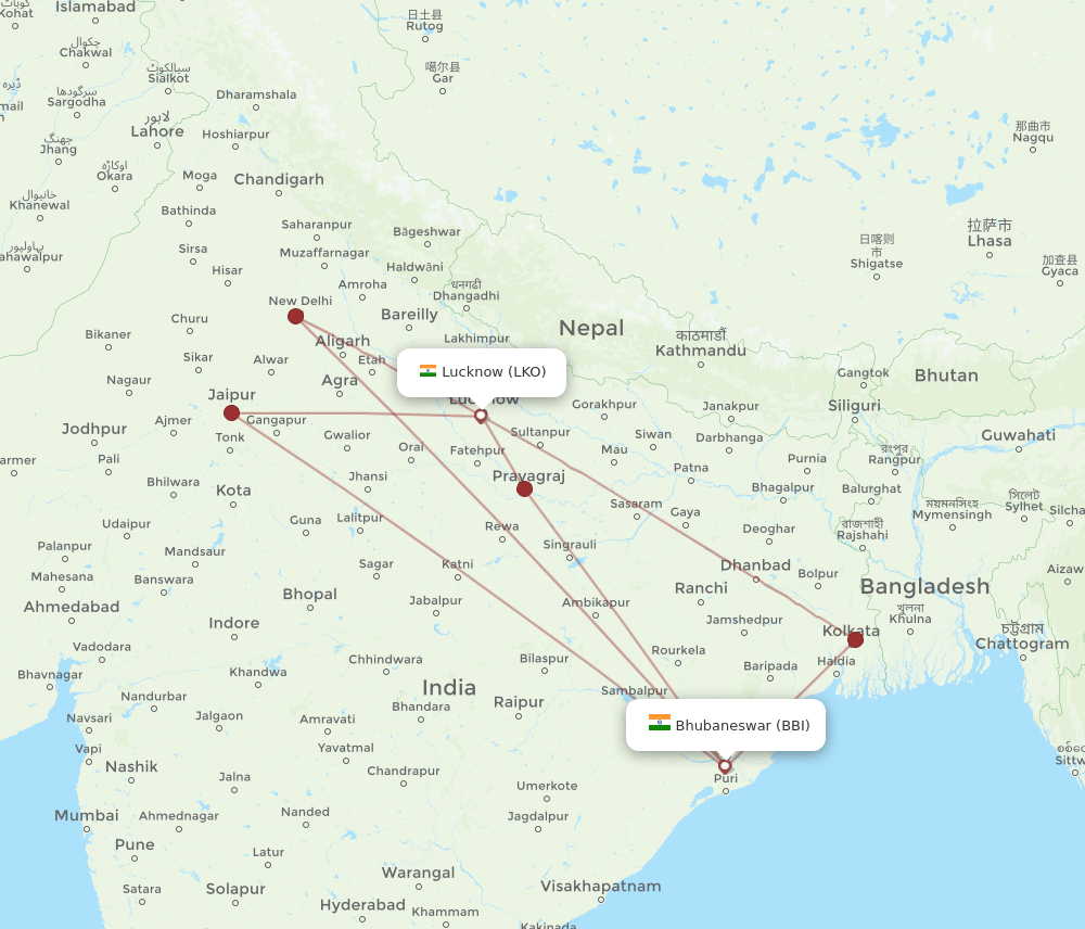 LKO-BBI flight routes