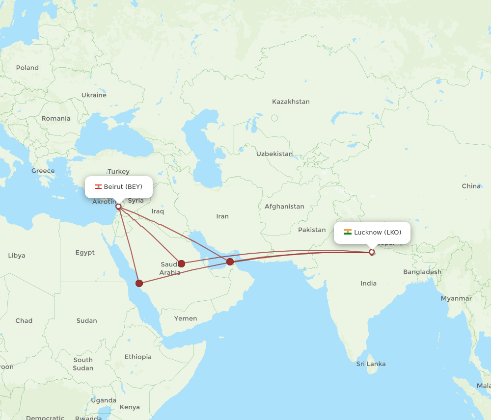LKO to BEY flights and routes map