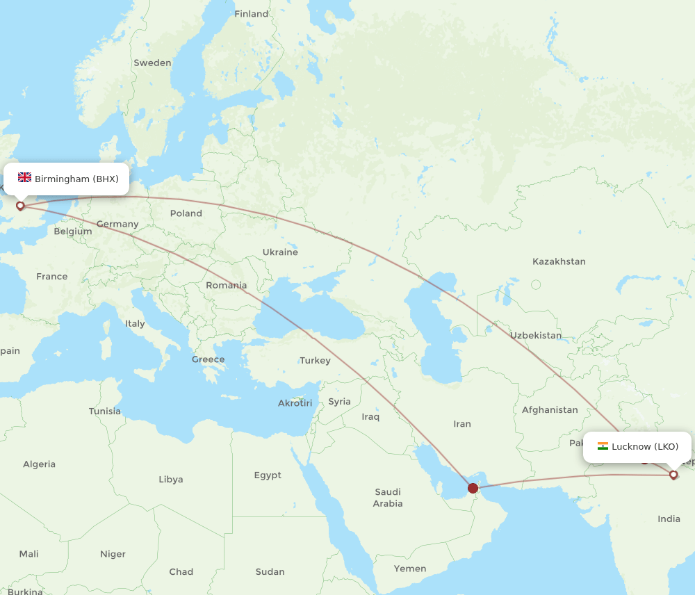 LKO-BHX flight routes