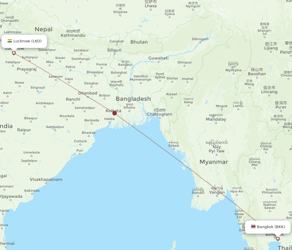 Bangkok - Lucknow route map and flight paths