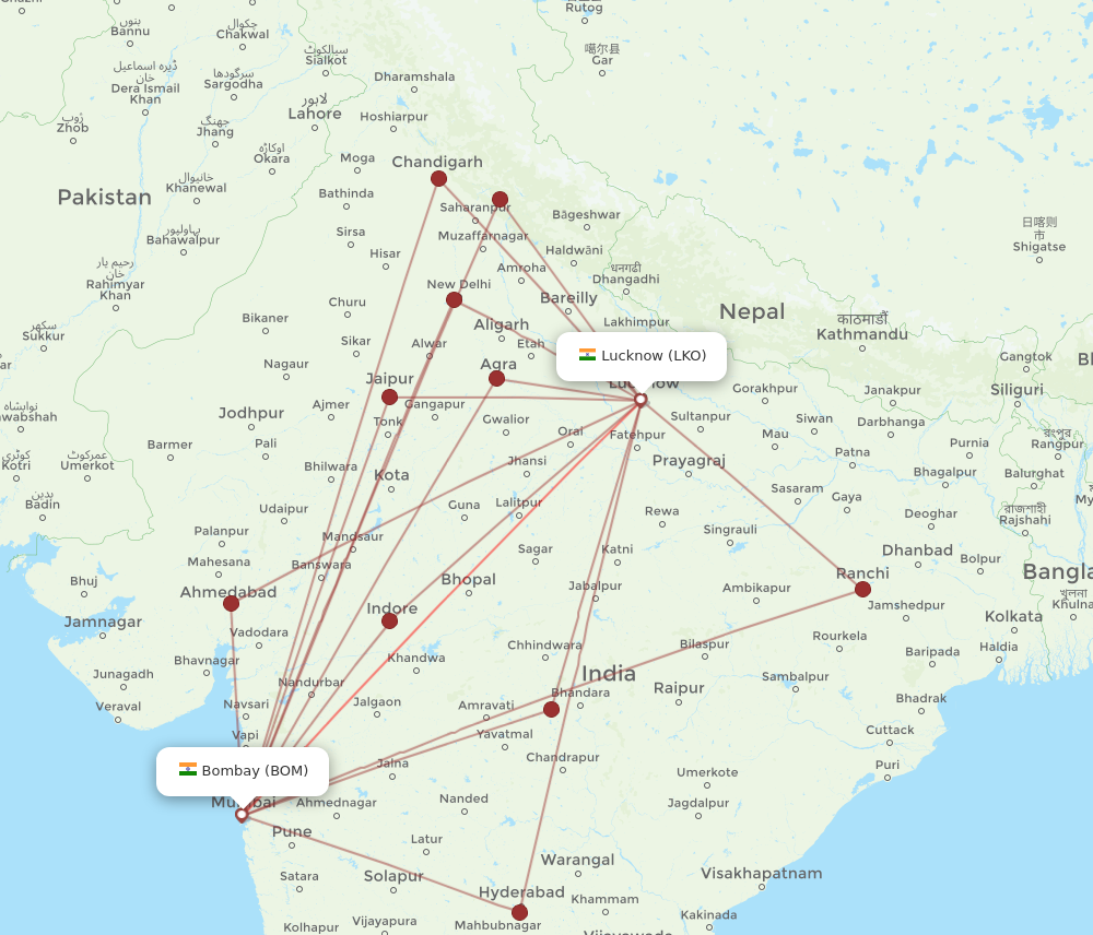LKO to BOM flights and routes map