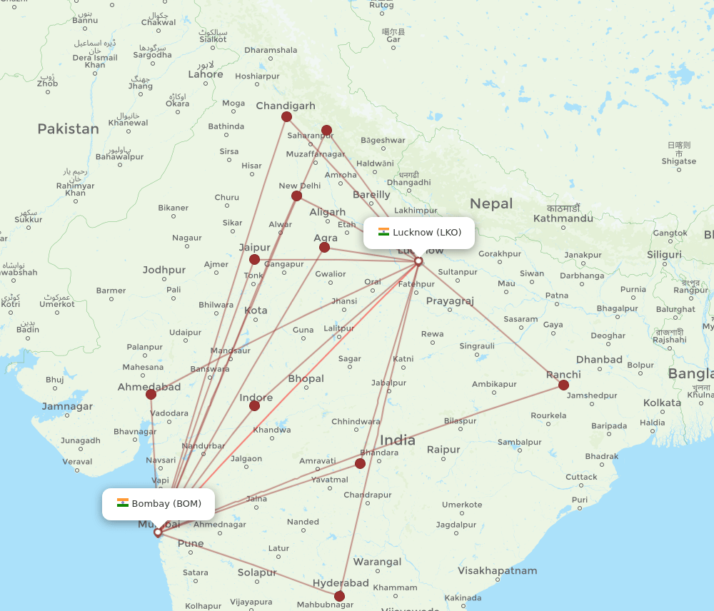 LKO-BOM flight routes