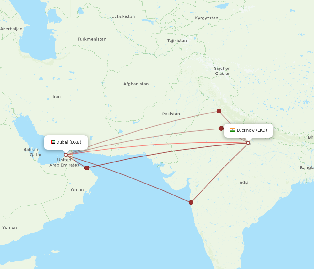 LKO to DXB flights and routes map