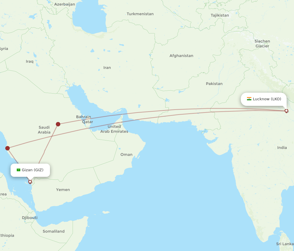 LKO to GIZ flights and routes map