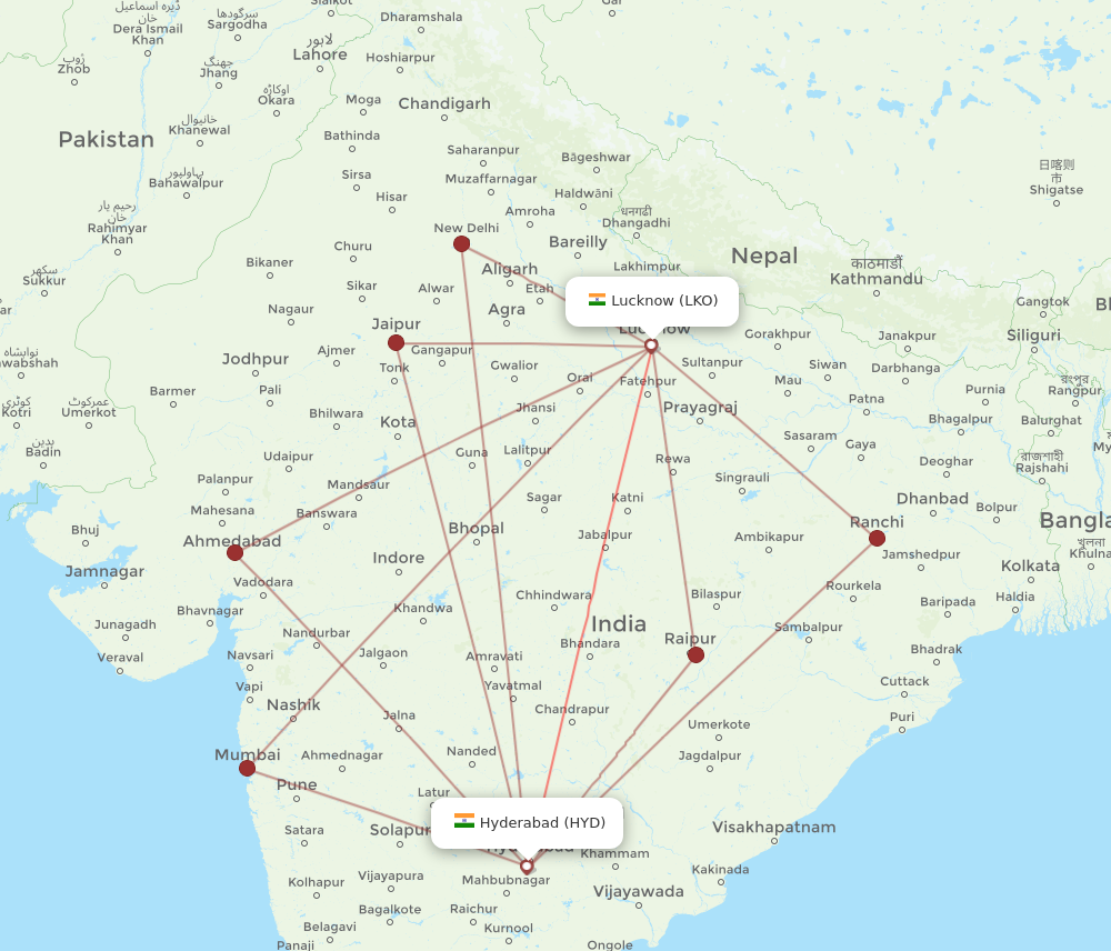 LKO to HYD flights and routes map