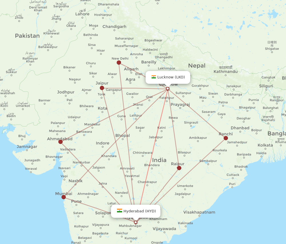 LKO-HYD flight routes