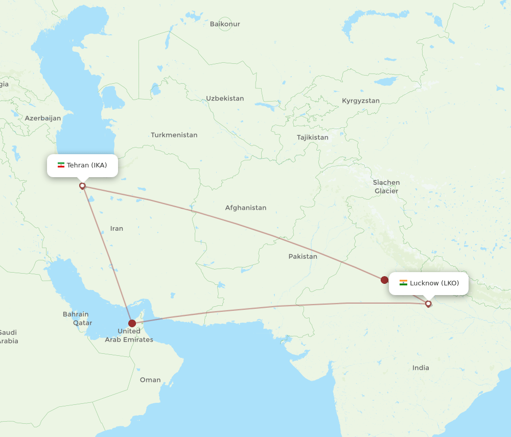 LKO to IKA flights and routes map