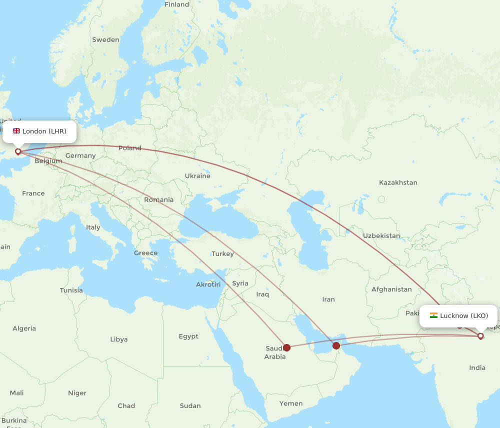 LKO to LHR flights and routes map