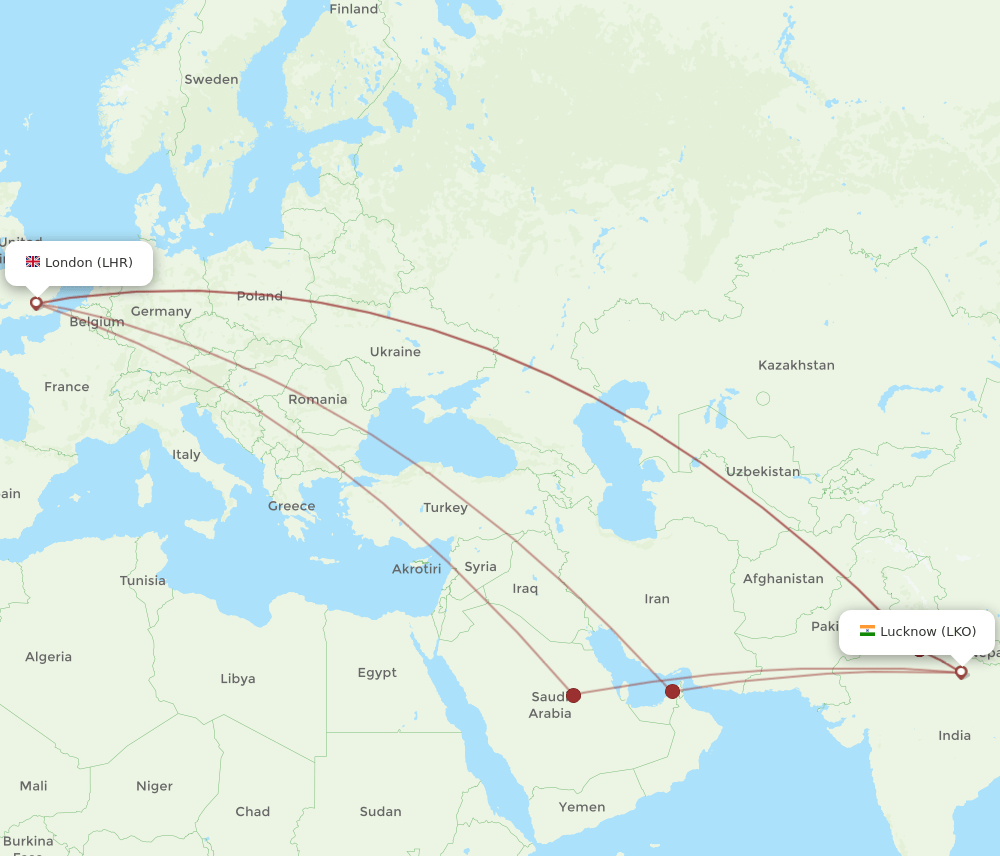 LKO-LHR flight routes