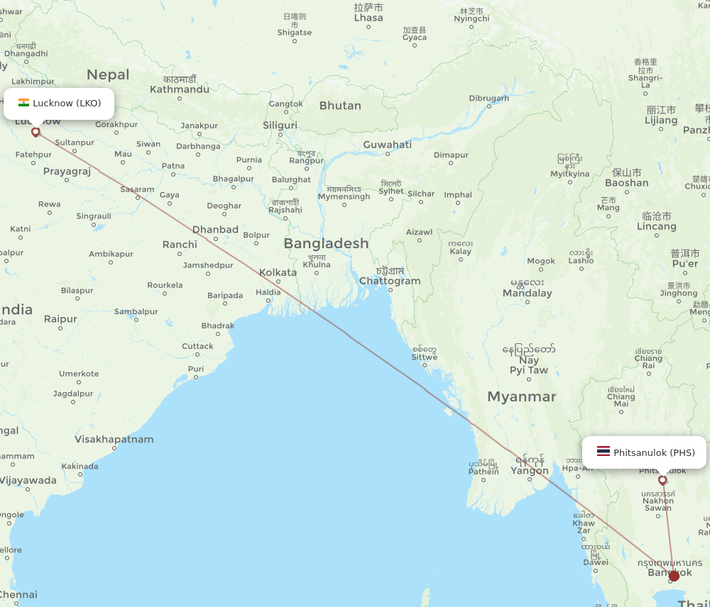 Phitsanulok - Lucknow route map and flight paths