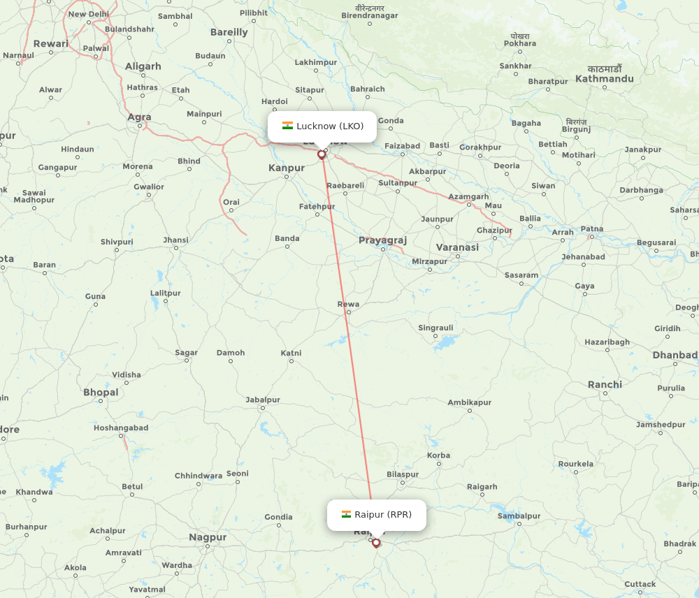 Lucknow - Raipur route map and flight paths