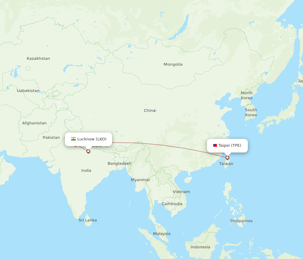 Taipei - Lucknow route map and flight paths