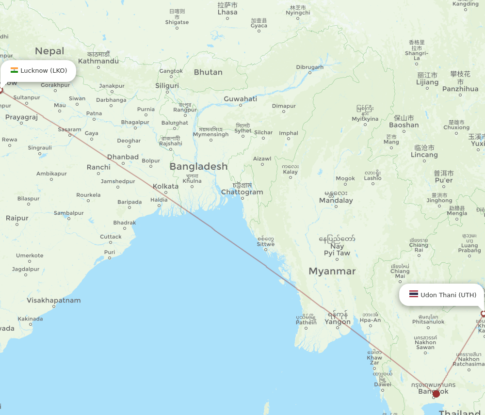 Udon Thani - Lucknow route map and flight paths