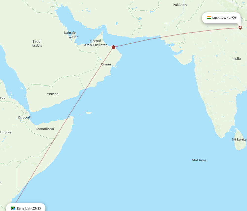 Zanzibar - Lucknow route map and flight paths
