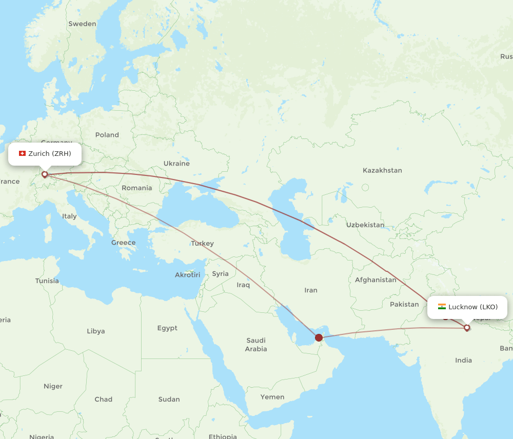 Zurich - Lucknow route map and flight paths