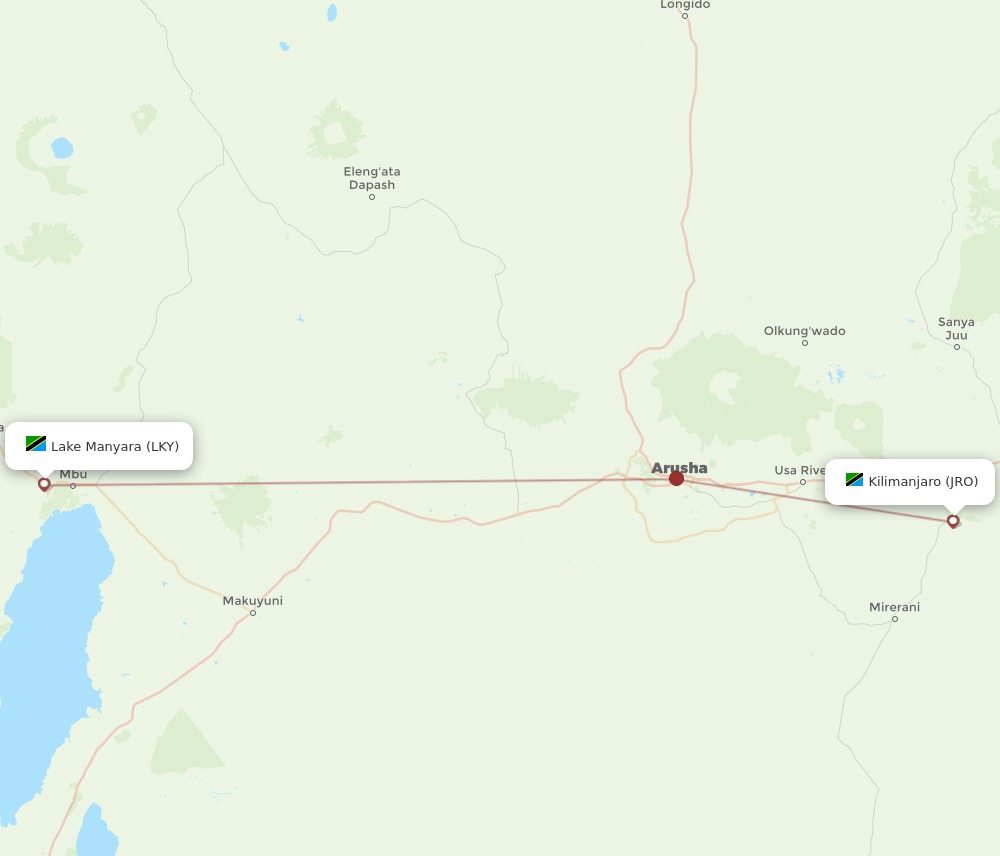 Lake Manyara - Kilimanjaro route map and flight paths