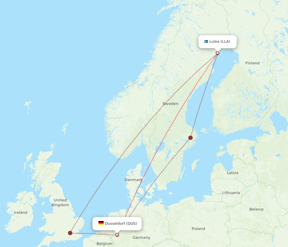 LLA to DUS flights and routes map