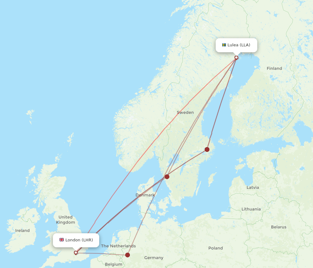 LLA to LHR flights and routes map