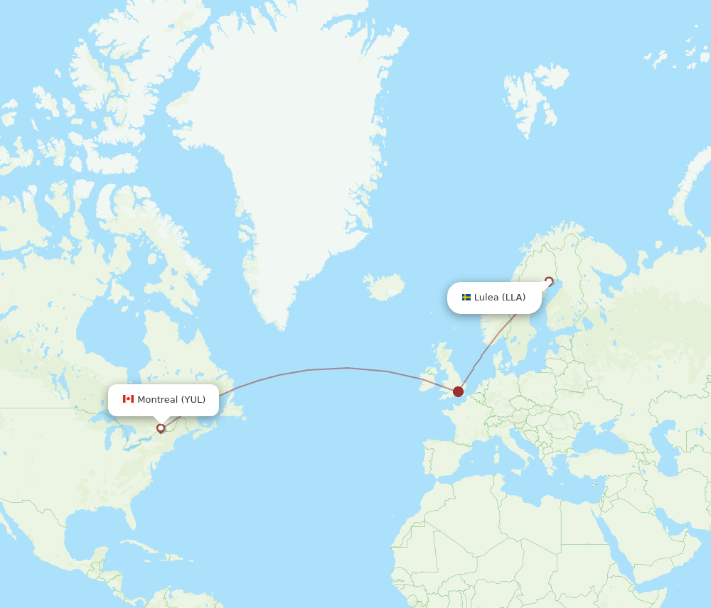 Lulea - Montreal route map and flight paths