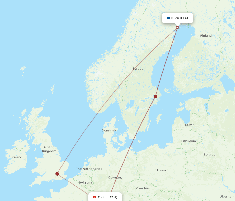 Zurich - Lulea route map and flight paths