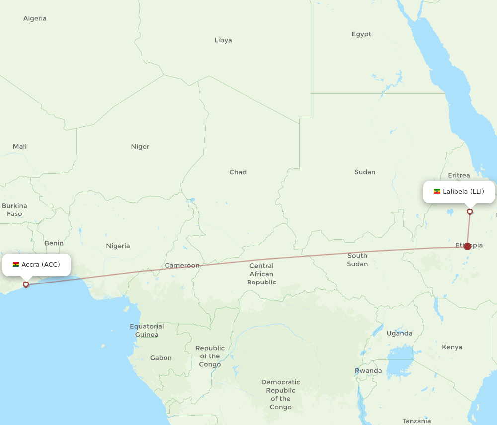 Accra - Lalibela route map and flight paths
