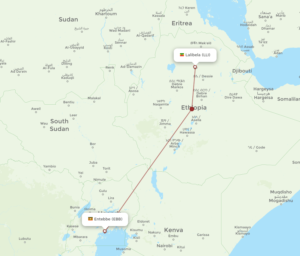 Entebbe - Lalibela route map and flight paths