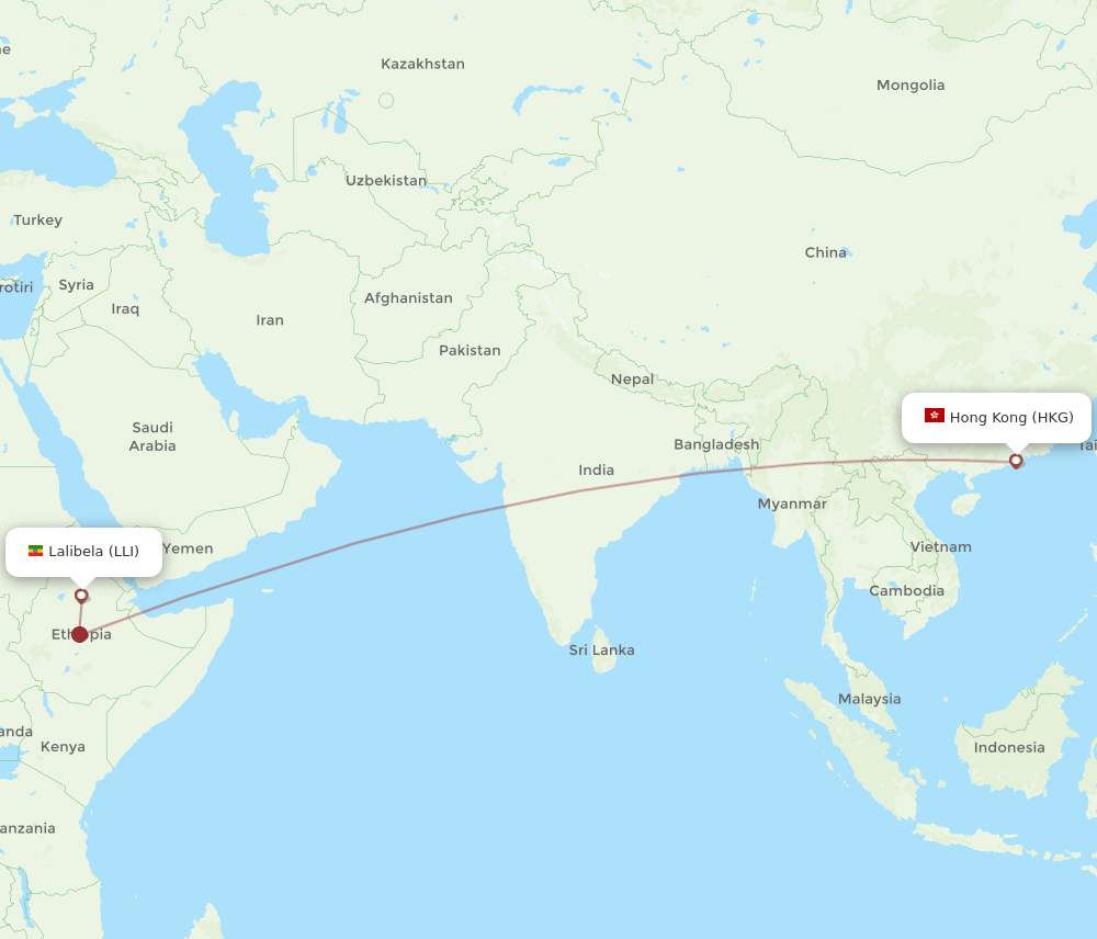 Hong Kong - Lalibela route map and flight paths