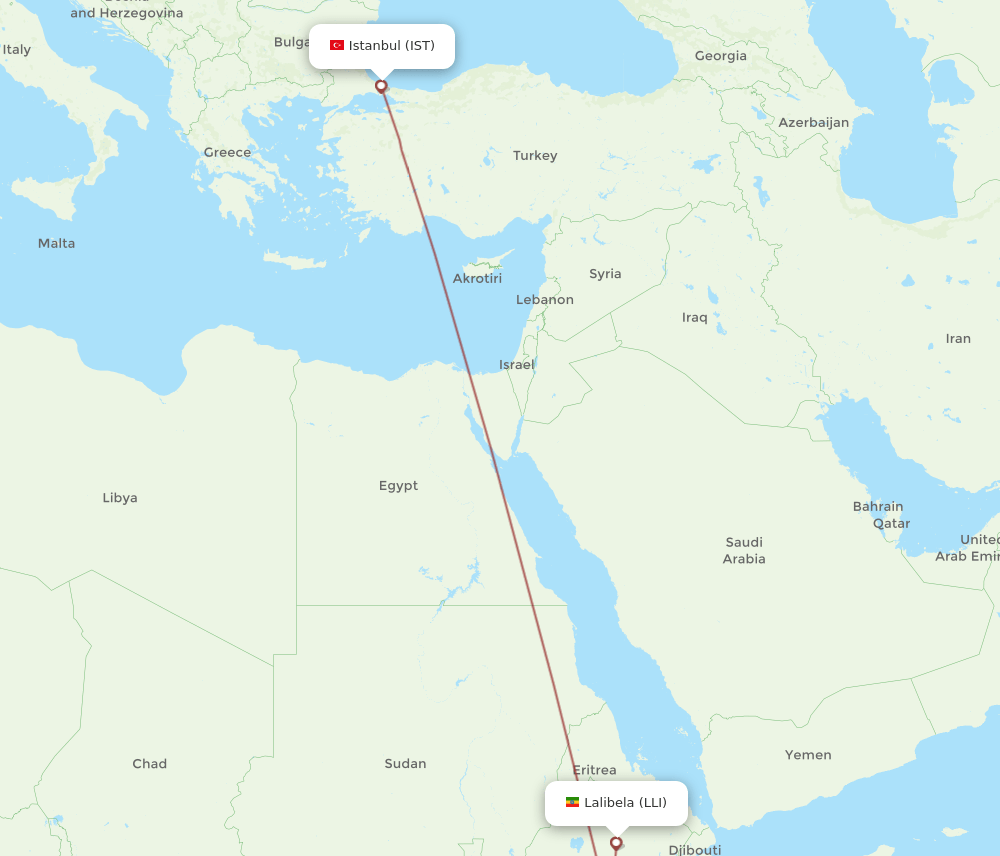Istanbul - Lalibela route map and flight paths