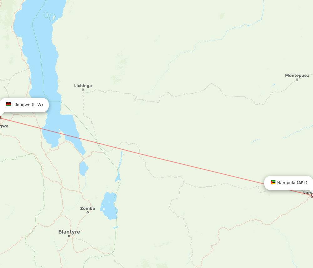 Lilongwe - Nampula route map and flight paths