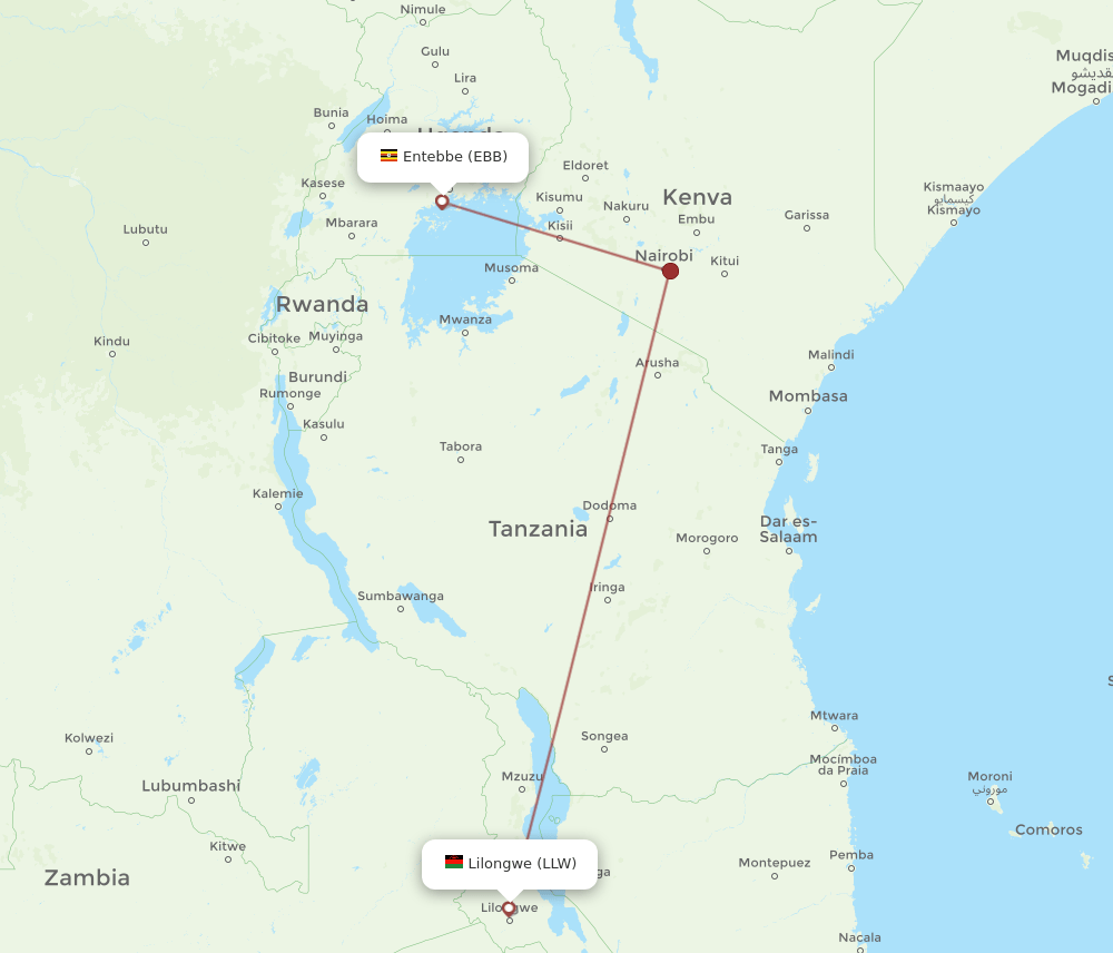 LLW to EBB flights and routes map