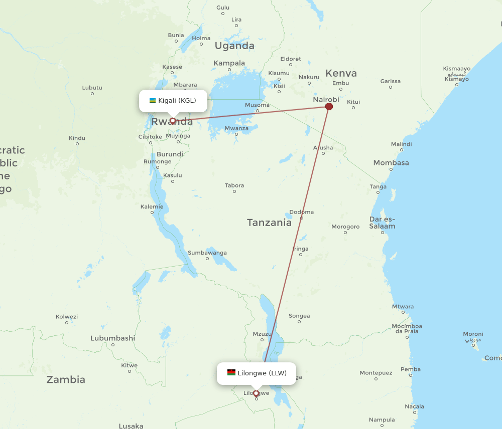 LLW to KGL flights and routes map