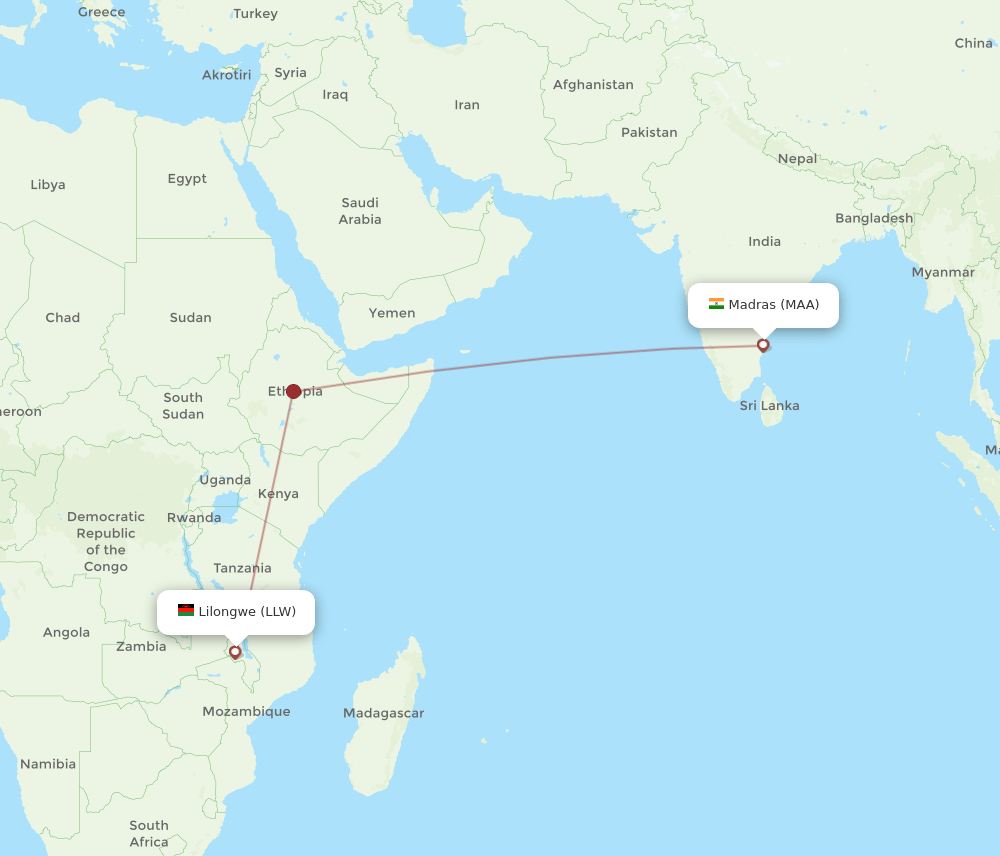 LLW to MAA flights and routes map