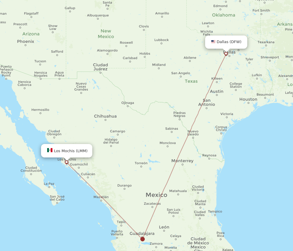 Dallas - Los Mochis route map and flight paths