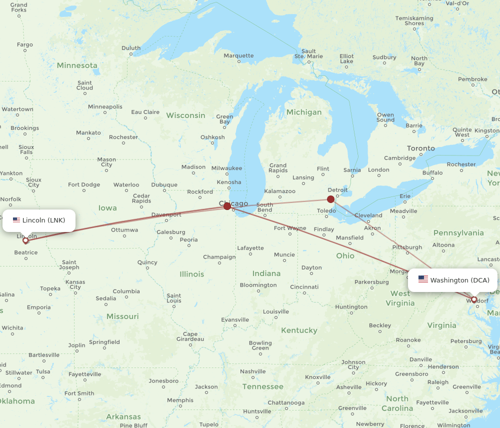LNK-DCA flight routes