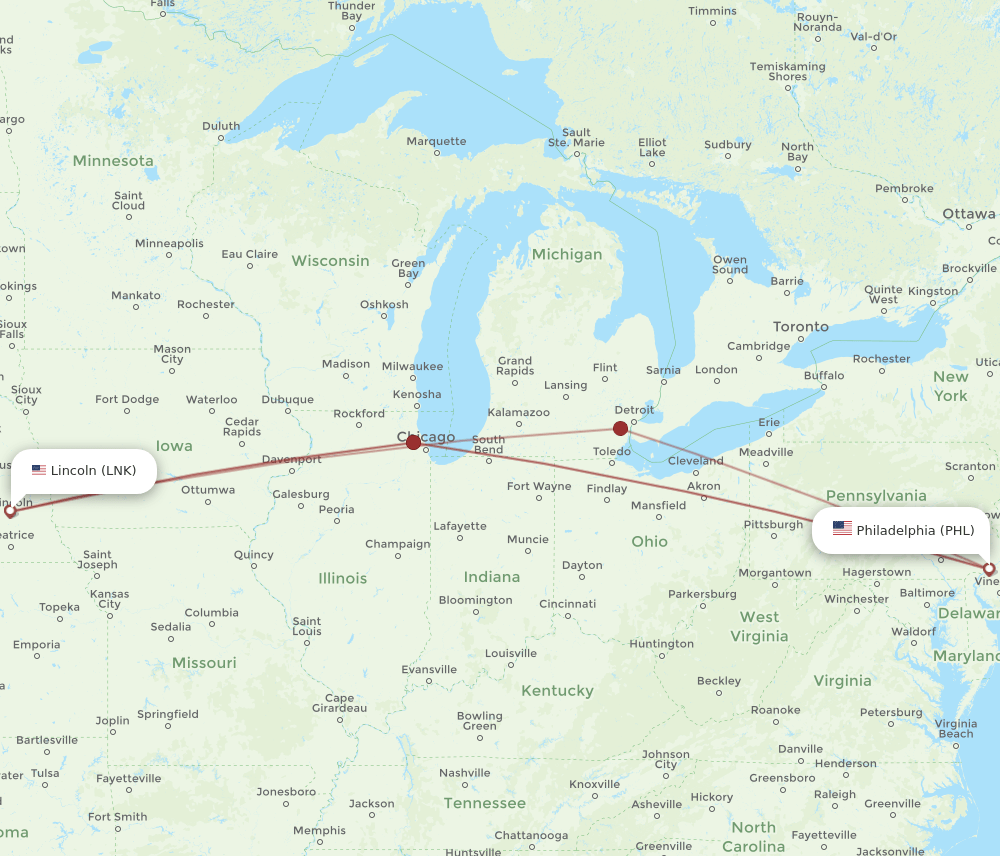 LNK-PHL flight routes