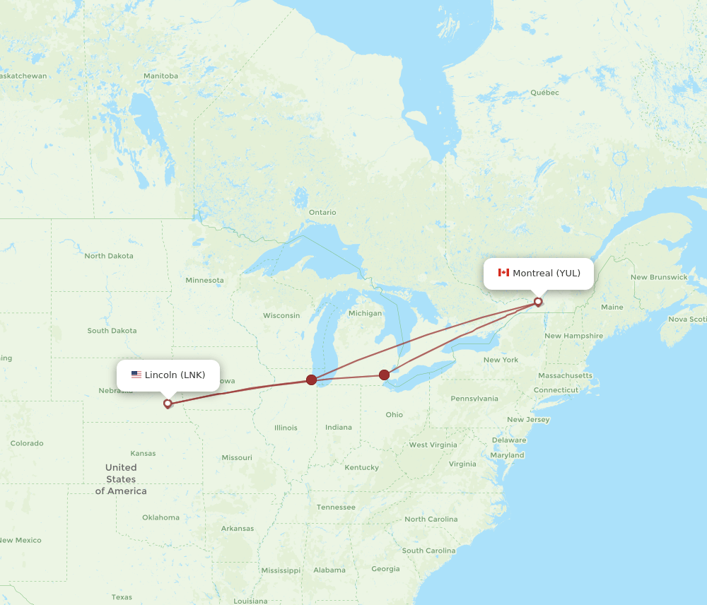 LNK-YUL flight routes