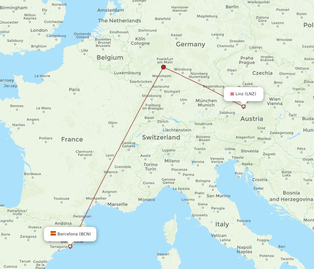 LNZ to BCN flights and routes map