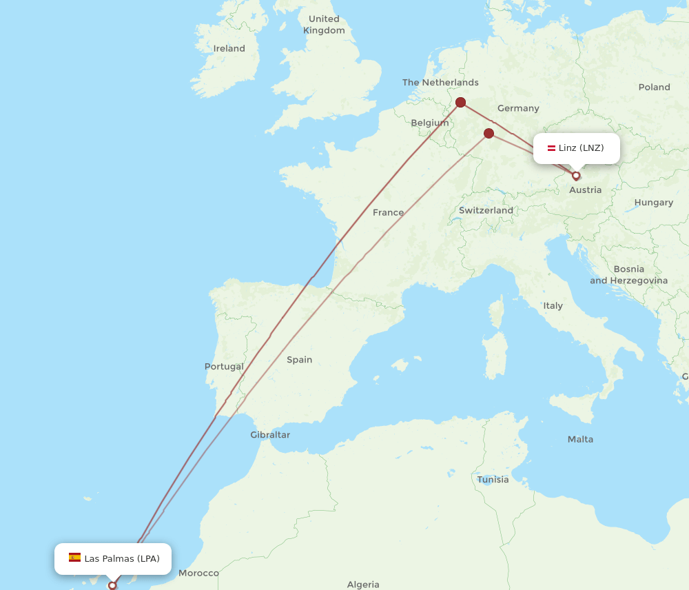 LNZ to LPA flights and routes map