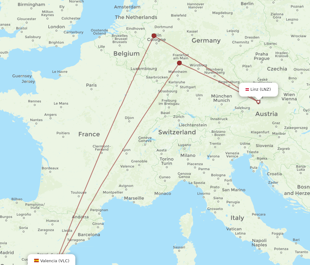 LNZ to VLC flights and routes map