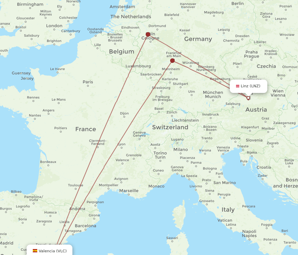 LNZ to VLC flights and routes map