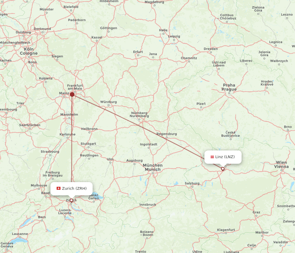 Zurich - Linz route map and flight paths
