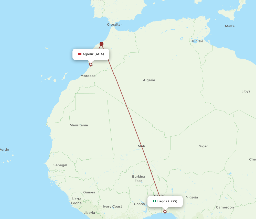 LOS to AGA flights and routes map