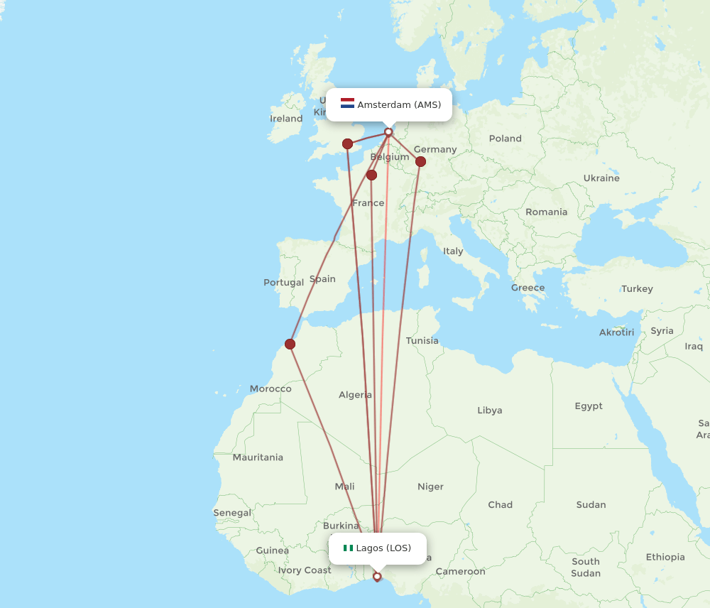 LOS-AMS flight routes